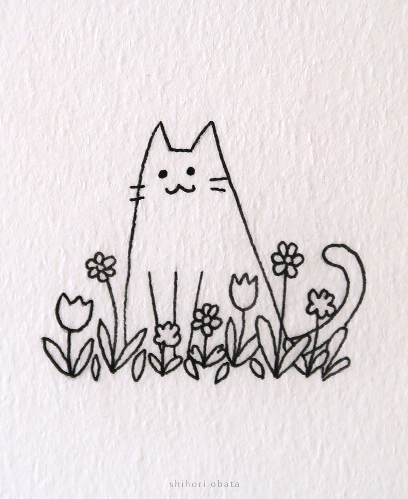 cat and flowers drawing